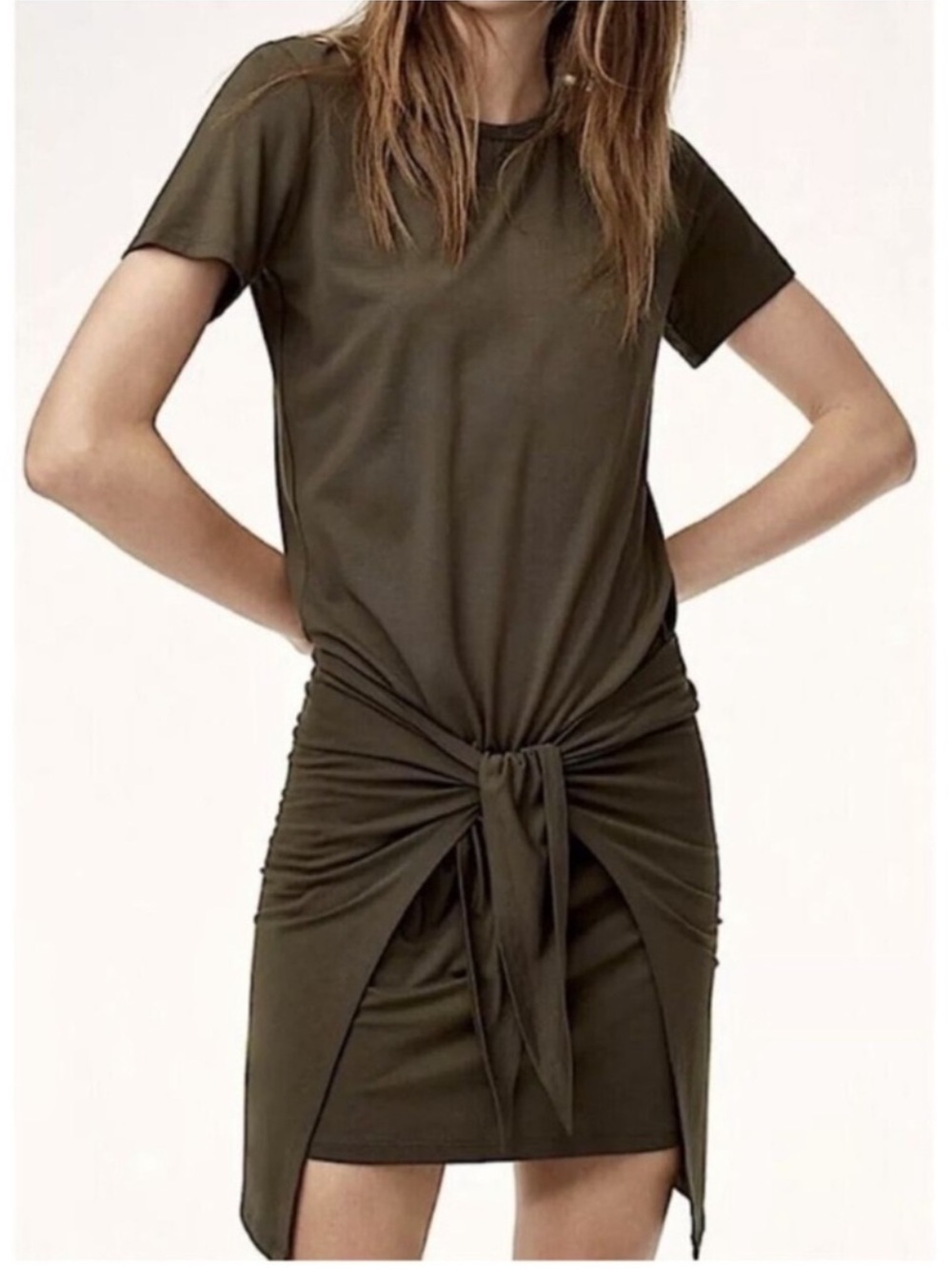 Wilfred Aritzia Olive Brown Bair Tie Front T-shirt Dress, Size XXSmall